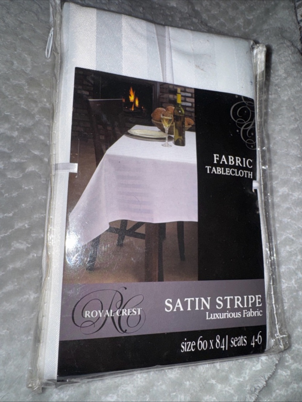 Royal Crest White Fabric Tablecloth Satin Stripe 60x84 Luxurious Seats 4-6 NEW